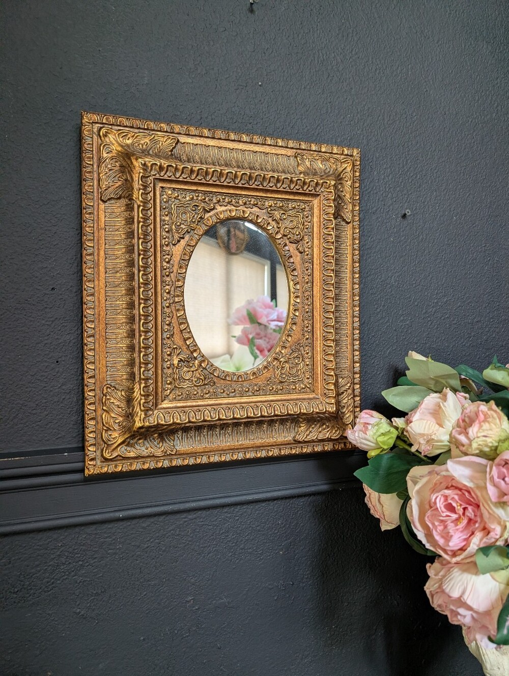 Vintage, Thick Ornate Gold Gilt Square Wall Mirror, Oval Glass Inlay, Baroque Ro